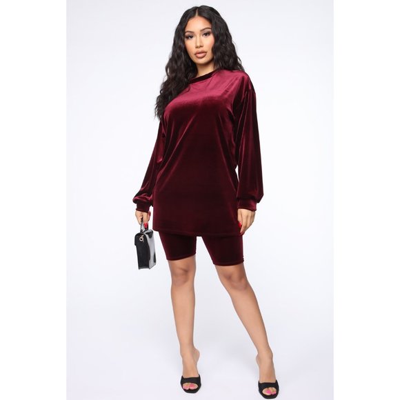 Fashion Nova Pants - FN Velvet Biker Short Set in Burgundy Size Medium